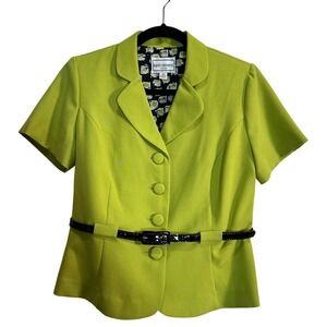 Karin Stevens Petites NWT Neon Green‎ Black Belted Short Sleeve Blazer Size 12P